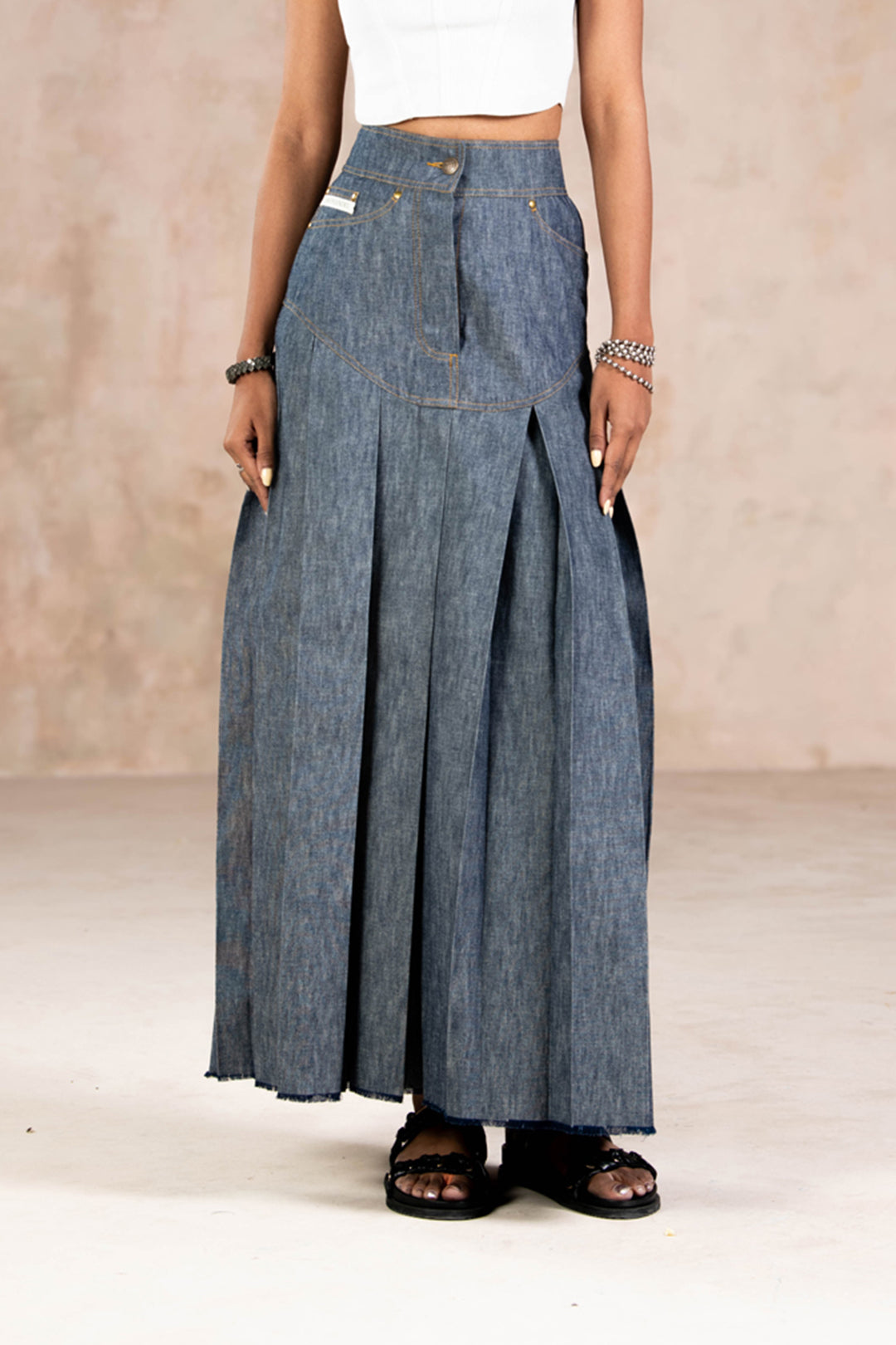 BOX PLEATED DENIMS SKIRT