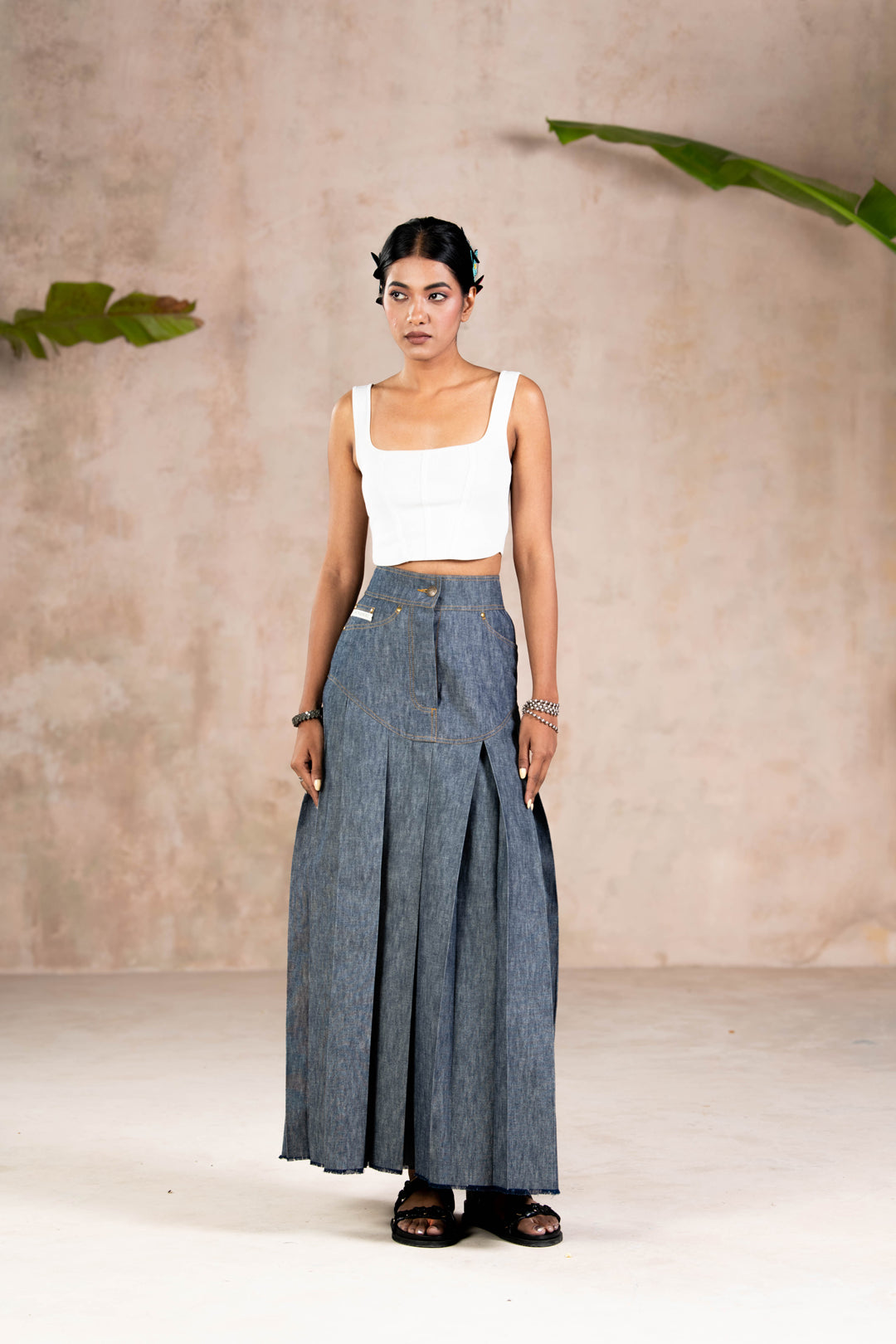 BOX PLEATED DENIMS SKIRT