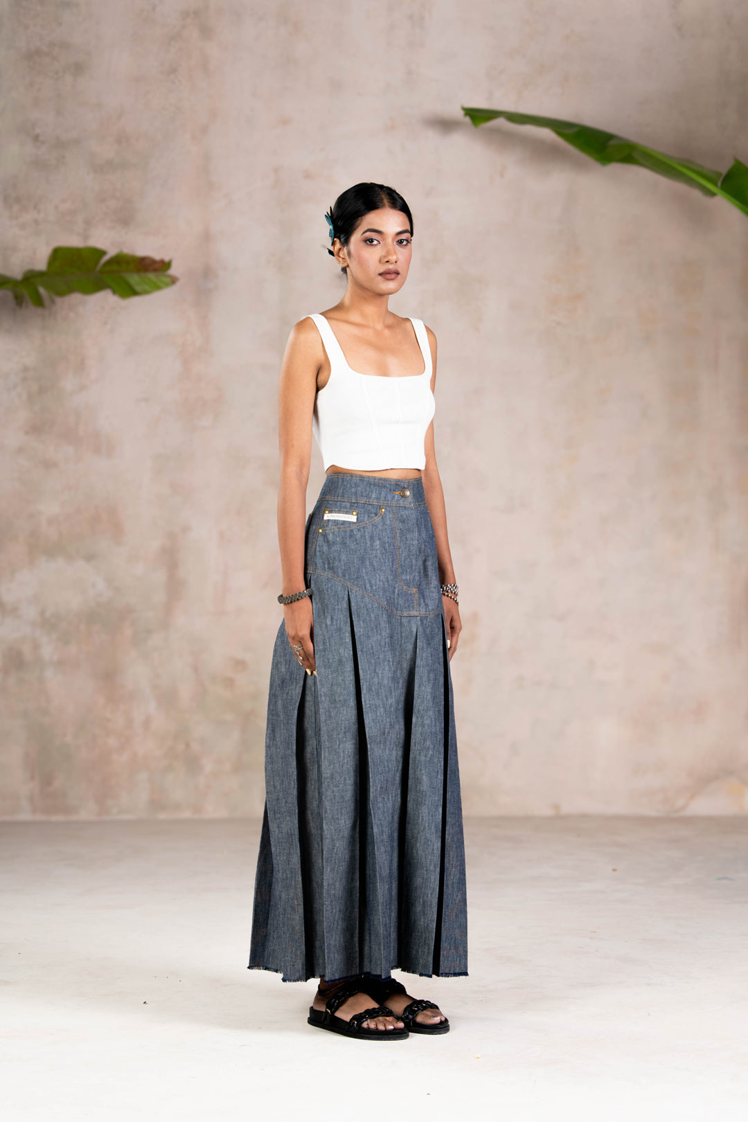 BOX PLEATED DENIMS SKIRT