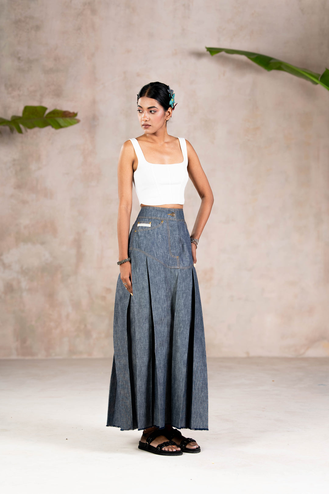 BOX PLEATED DENIMS SKIRT