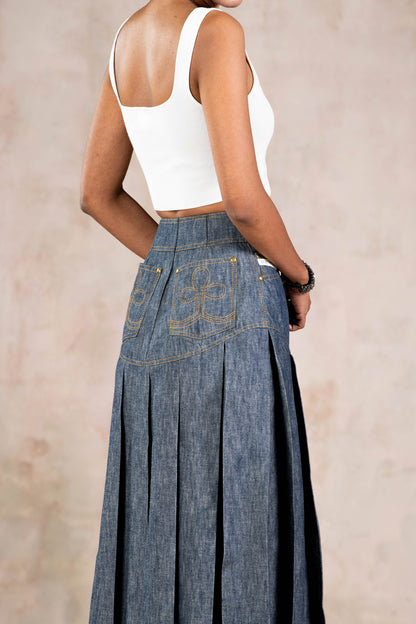 BOX PLEATED DENIMS SKIRT